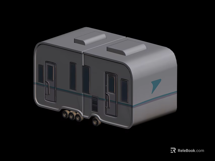 Silver Travel Trailer With Windows Doors Wheels And Blue Logo Design 3d model 