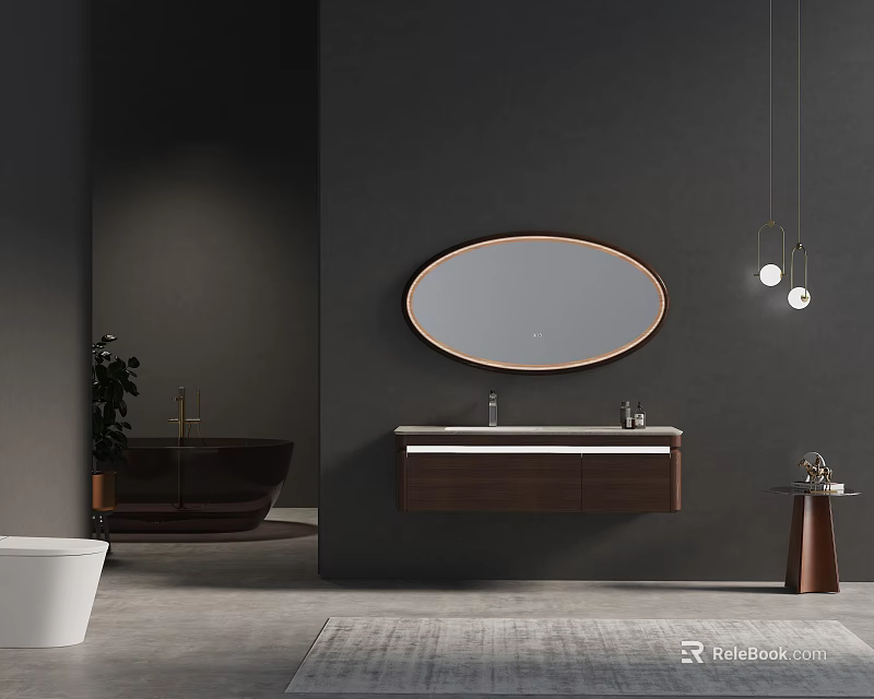 Modern Bathroom Vanity With Wooden Cabinet Oval Mirror And Dark Wall Interior 3d model 