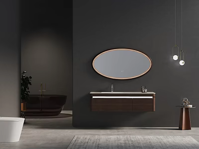 Modern Bathroom Vanity With Wooden Cabinet Oval Mirror And Dark Wall Interior 3d model