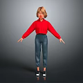 3D Character Model With Short Hair Red Sweater Blue Pants Standing Pose On Gray Background