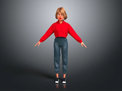 3D Character Model With Short Hair Red Sweater Blue Pants Standing Pose On Gray Background 3d model