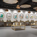 Traditional Exhibition Hall With Circular Decorative Paintings Wooden Shelves And Hanging Lamps