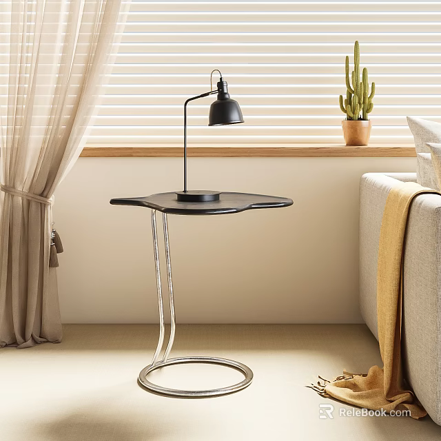 Modern Black Top Side Table With Transparent Base And Black Table Lamp In Living Room 3d model 