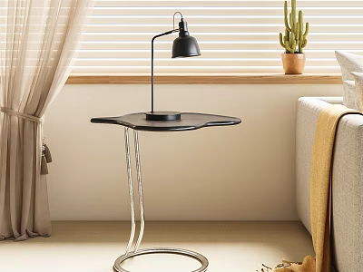 Modern Black Top Side Table With Transparent Base And Black Table Lamp In Living Room 3d model