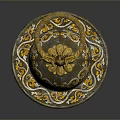 Ancient Decorative Artifact with Golden Circular Handle and Intricate Base Patterns 3d model