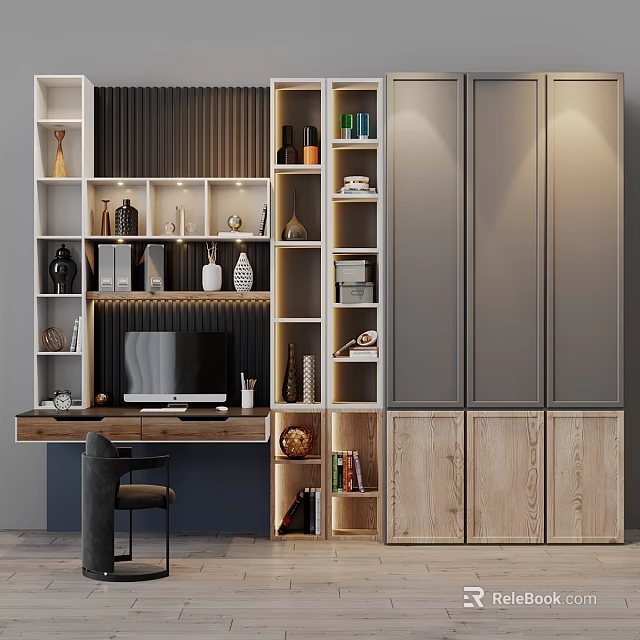 Modern Minimalist Home Office Desk And Chair Set With Bookshelves And Storage Cabinets 3d model 