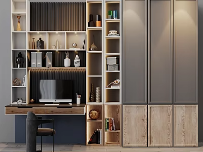 Modern Minimalist Home Office Desk And Chair Set With Bookshelves And Storage Cabinets 3d model