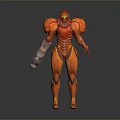 Red And Orange Armored Sci Fi Game Character With Mechanical Arm Standing Pose 3d model