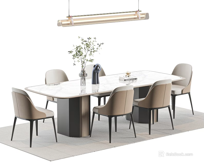 Modern Dining Table Set With White Marble Top And Six Light Gray Chairs 3d model