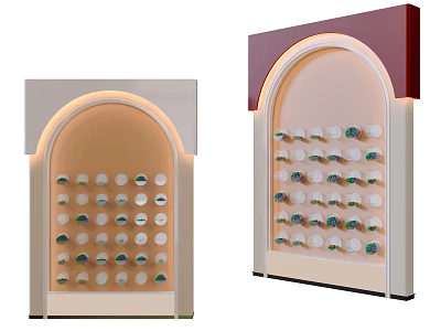 Beige and Red Arched Decorative Cabinet with Neatly Arranged Plates and Lighting 3d model