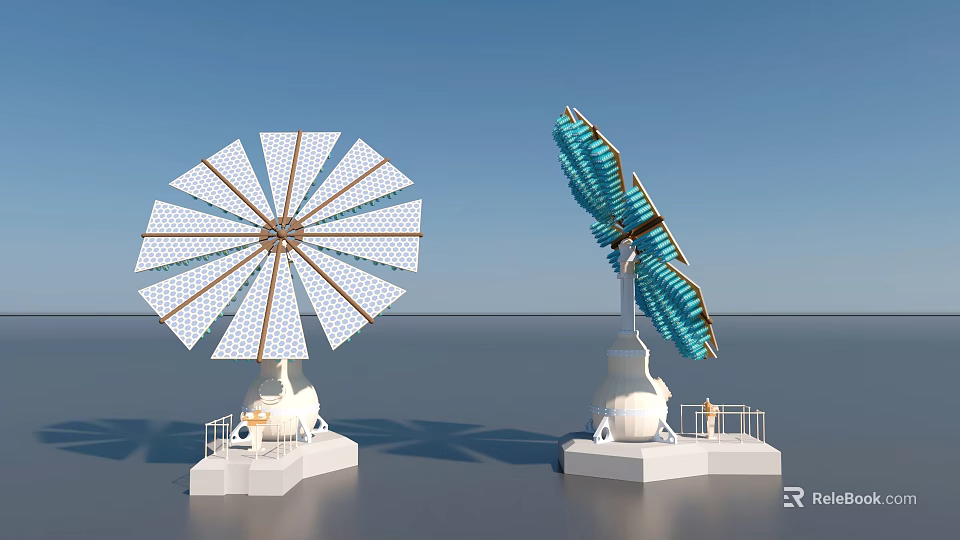 Sustainable Road Facilities With White Teal Rotating Blades And White Base 3d model 