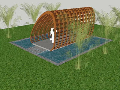 Wooden Curved Pergola Design With Water Pool Platform Green Grass And Plants 3d model