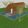 Wooden Curved Pergola Design With Water Pool Platform Green Grass And Plants