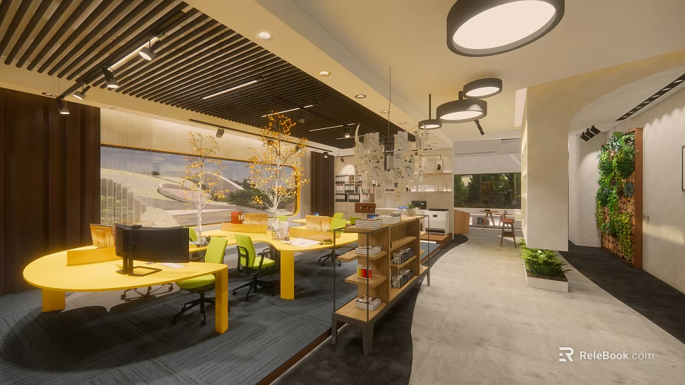 Modern Public Office Space with Yellow Desks Green Chairs Round Ceiling Lights and Wooden Shelves 3d model 