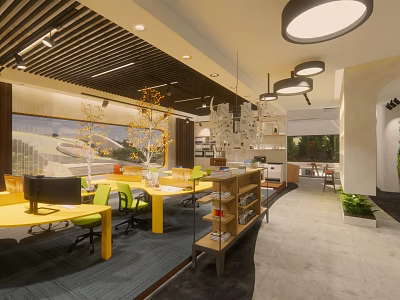 Modern Public Office Space with Yellow Desks Green Chairs Round Ceiling Lights and Wooden Shelves 3d model