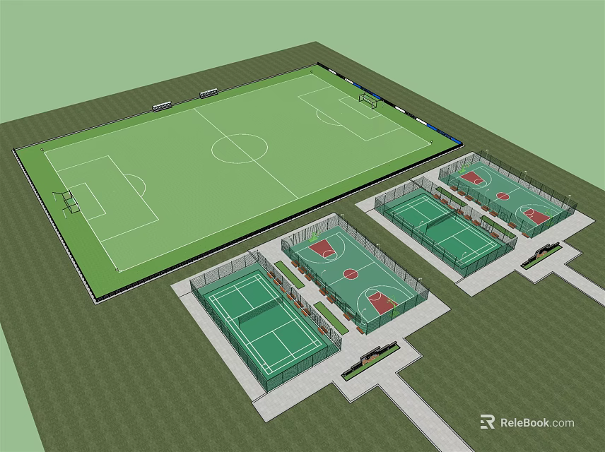 Standard Football Field With Multiple Outdoor Basketball Courts And Sports Area 3d model 