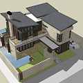 Modern Detached Villa With Black Roof Large Windows Stone Exterior Balcony And White Car
