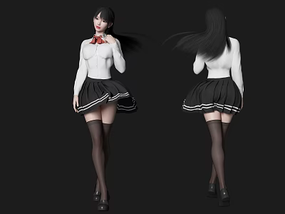 Woman in White Blouse Black Pleated Skirt Red Bow Tie Black Stockings Front Back View 3d model