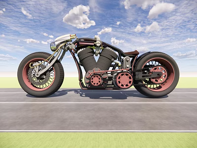 Custom Vintage Motorcycle With Pink Wheels Exposed Engine And Road Under Blue Sky 3d model