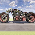 Custom Vintage Motorcycle With Pink Wheels Exposed Engine And Road Under Blue Sky