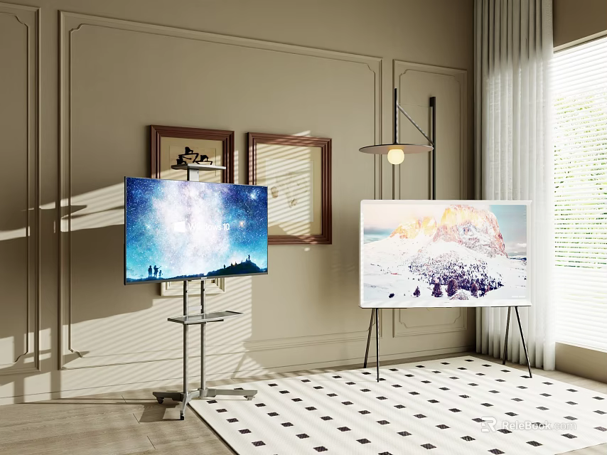 Two TVs On Stands In Modern Room With Framed Pictures And Window Curtains 3d model 