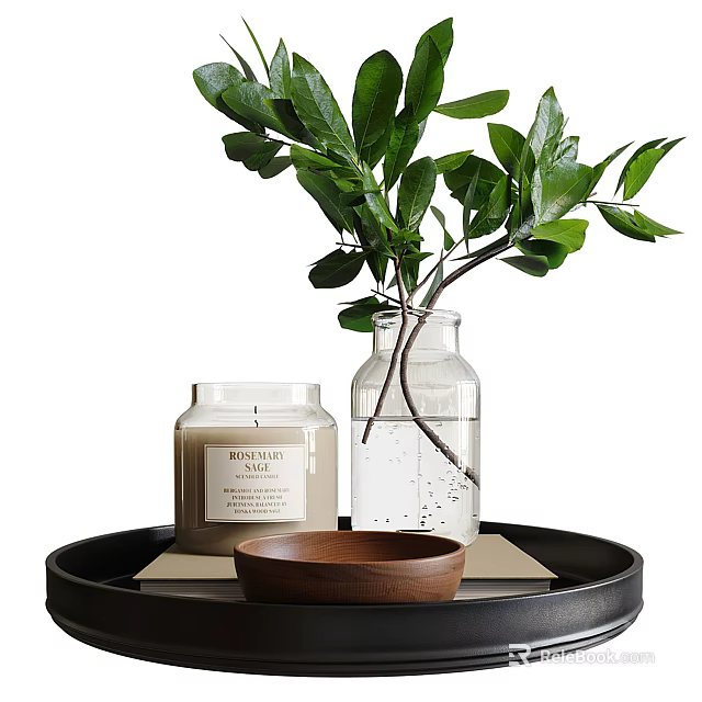 Glass Vase With Green Leaves On Tray And Candle Jar Wooden Bowl 3d model 