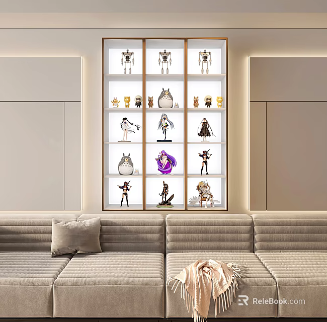 Modern Living Room With Display Shelf Of Figurines Above Sofa 3d model 