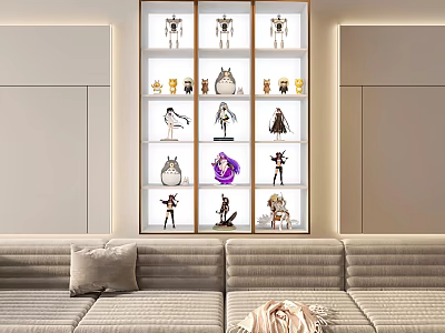 Modern Living Room With Display Shelf Of Figurines Above Sofa 3d model