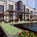 Modern Commercial Street With Pedestrians Shops Glass Storefronts And Decorative Awnings