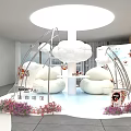 Cloud Themed Never Land Cafe Interior With Cloud Shaped Decor White Sofas And Purple Flowers 3d model