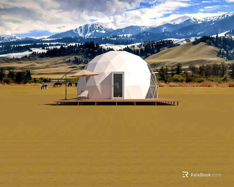 Spherical Dome Shaped Glamping Lodge With Wooden Deck And Snowy Mountain View 3d model 