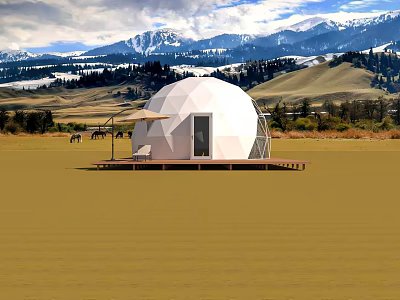 Spherical Dome Shaped Glamping Lodge With Wooden Deck And Snowy Mountain View 3d model