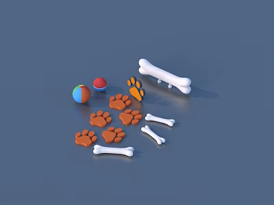 Pet Supplies Collection With Dog Paw Prints Bones And Colorful Ball 3d model