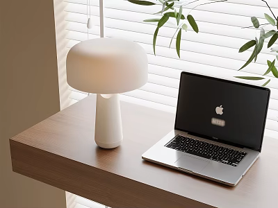 Modern White Table Lamp On Wooden Desk With Laptop Green Leaves And Window Blinds 3d model