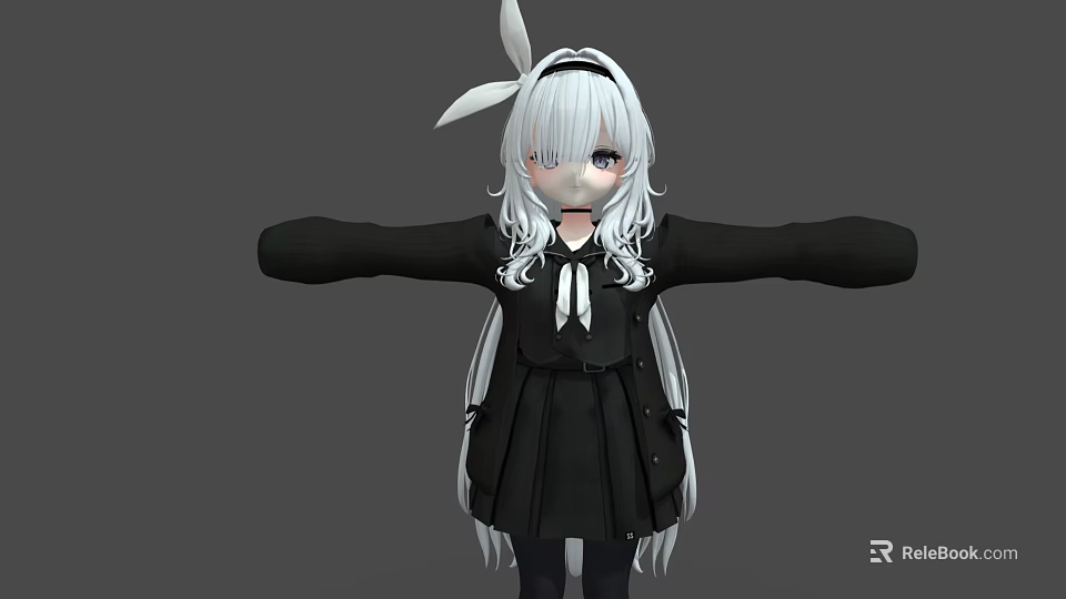 Cute Game Anime Character With White Long Hair Rabbit Ear Accessory And Black Dress 3d model 
