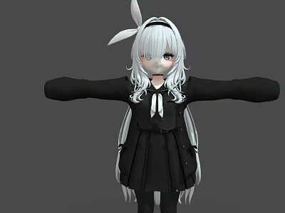 Cute Game Anime Character With White Long Hair Rabbit Ear Accessory And Black Dress 3d model
