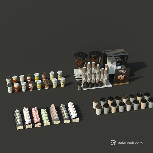Assorted Coffee Cups with Coffee Powder Tins Machine Paper Filters and Sugar Packets 3d model 