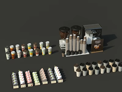 Assorted Coffee Cups with Coffee Powder Tins Machine Paper Filters and Sugar Packets 3d model