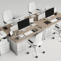 Modern Office Desk Setup With Multiple Monitors Keyboards And White Office Chairs 3d model