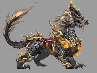 Majestic Mythical Beast With Golden Ornate Decorations And Flaming Accents 3d model