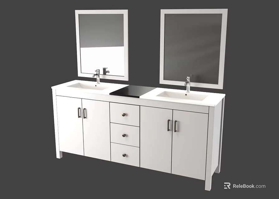 White Double Sink Vanity With Two Mirrors Cabinets And Drawers 3d model 