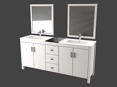 White Double Sink Vanity With Two Mirrors Cabinets And Drawers 3d model