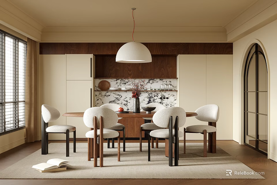 Modern Restaurant Interior With Wooden Dining Table Upholstered Chairs And Pendant Light Decorative Art 3d model 