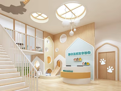 New Future Preschool Interior With Skylights Slide And Paw Prints 3d model