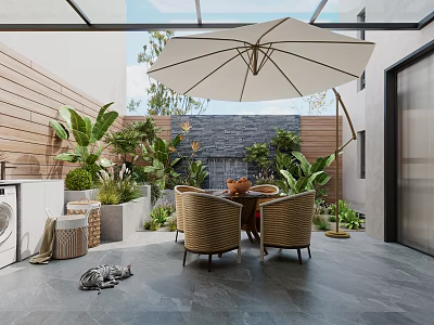 Garden Landscape With Glass Roof Wicker Dining Set Large Umbrella Stone Wall And Tropical Plants 3d model