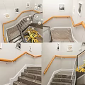 Modern Staircase With Wooden Handrail And Glass Railings Framed Pictures And Yellow Flowers