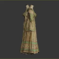 Two Piece Vintage Historical Clothing Featuring Green Beige Floral Pattern Ruffled Design And Collar