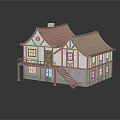 Charming Wooden House Exterior With Timber Framing Gabled Roof Balcony Staircase And Windows
