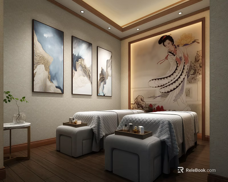 SPA Sauna Relaxing Room With Massage Beds Decorative Paintings Lady Figure Artwork And Plant 3d model 