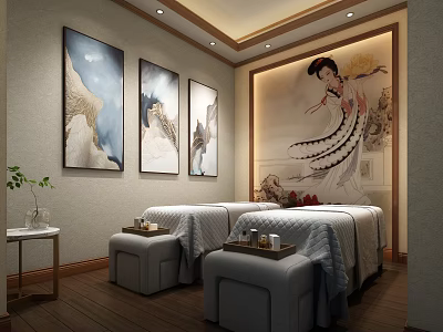 SPA Sauna Relaxing Room With Massage Beds Decorative Paintings Lady Figure Artwork And Plant 3d model